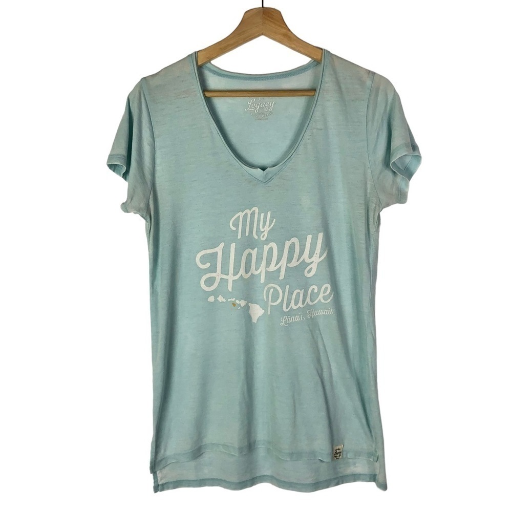 Lanai Hawaii Tourist‎ Light Blue V-Neck Graphic Short Sleeve T-Shirt L